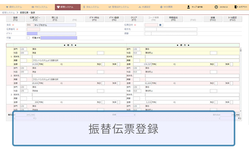 振替伝票は、過去伝票の複写やマスター化しておいた仕訳パターンからの呼出のほか、手入力も可能です